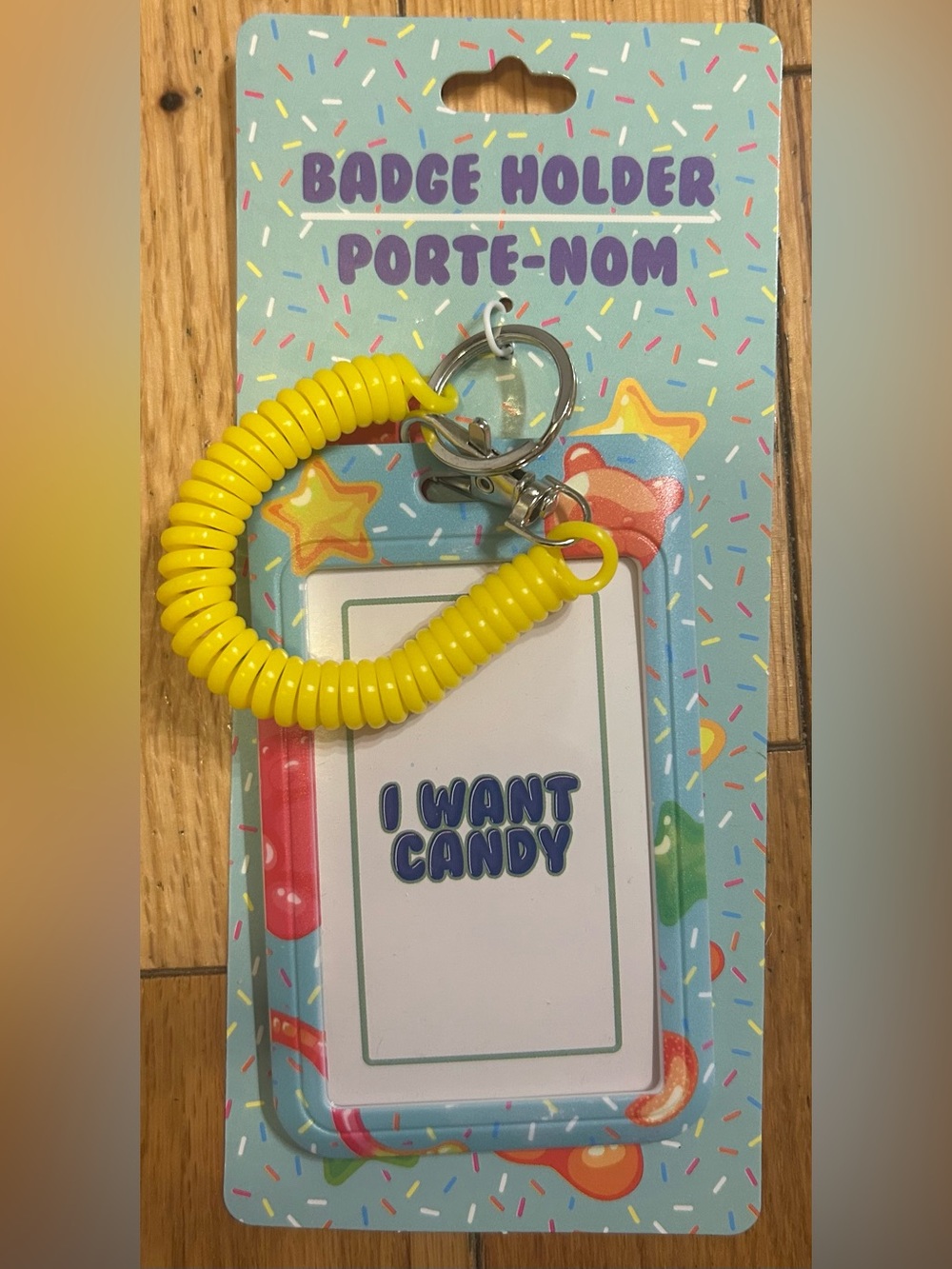 Yellow Coil Wrist Keychain Badge Holder - "I Want Candy" NEW
